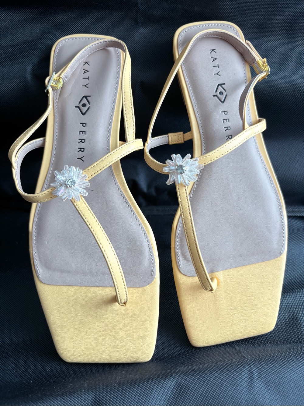 Katy Perry Collections Pale Yellow T-Strap Sandals with Crystal Flower
